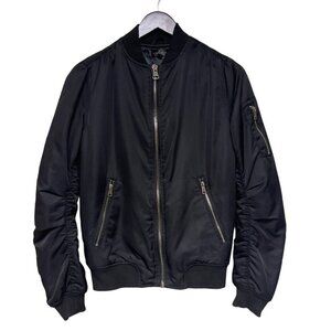 TOPSHOP Women's Moto Bomber Black Satin Zipper Ruched Sleeve Jacket Size 6